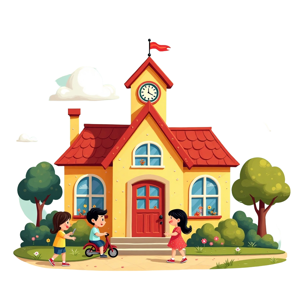 Schoolhouse with Children Playing